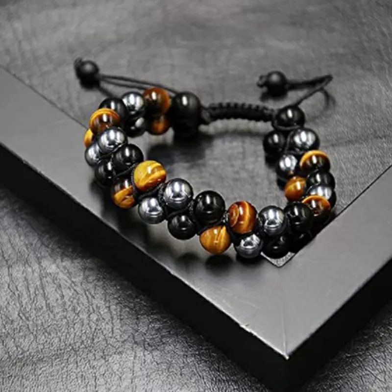 Gelang Tali Batu Alam 3 Batu Kombinasi Giok HITAM/HEMATITE / Tiger EYE