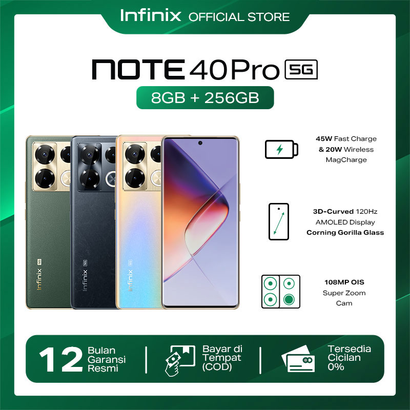 Infinix Note 40 Pro 5G 8/256GB - Up to 16GB Extended RAM - Dimensity 7020 - 6.78” FHD+ 3D Curved Amoled - 108MP OIS - 45W Charger - NFC Harga 2,899,000 rupiah*Gratis Ongkir