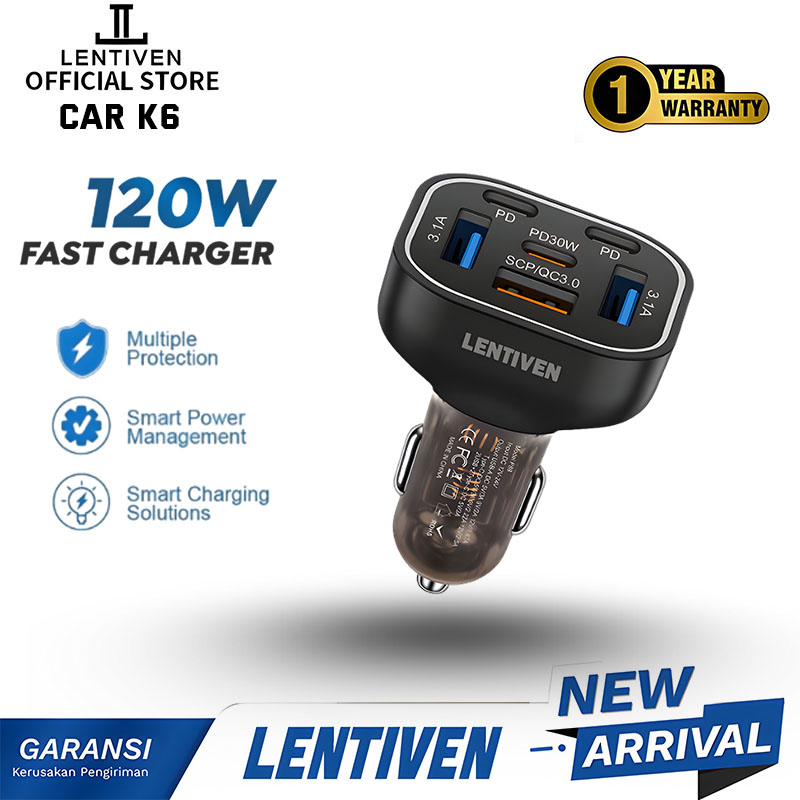 LENTIVEN Car Charger Colokan Mobil 4 Ports PD 120W USB Type C & Lightning Fast Charging Qualcomm 3.0 CAR K6 GARANSI 1 TAHUN Harga 85,000 rupiah*Gratis Ongkir