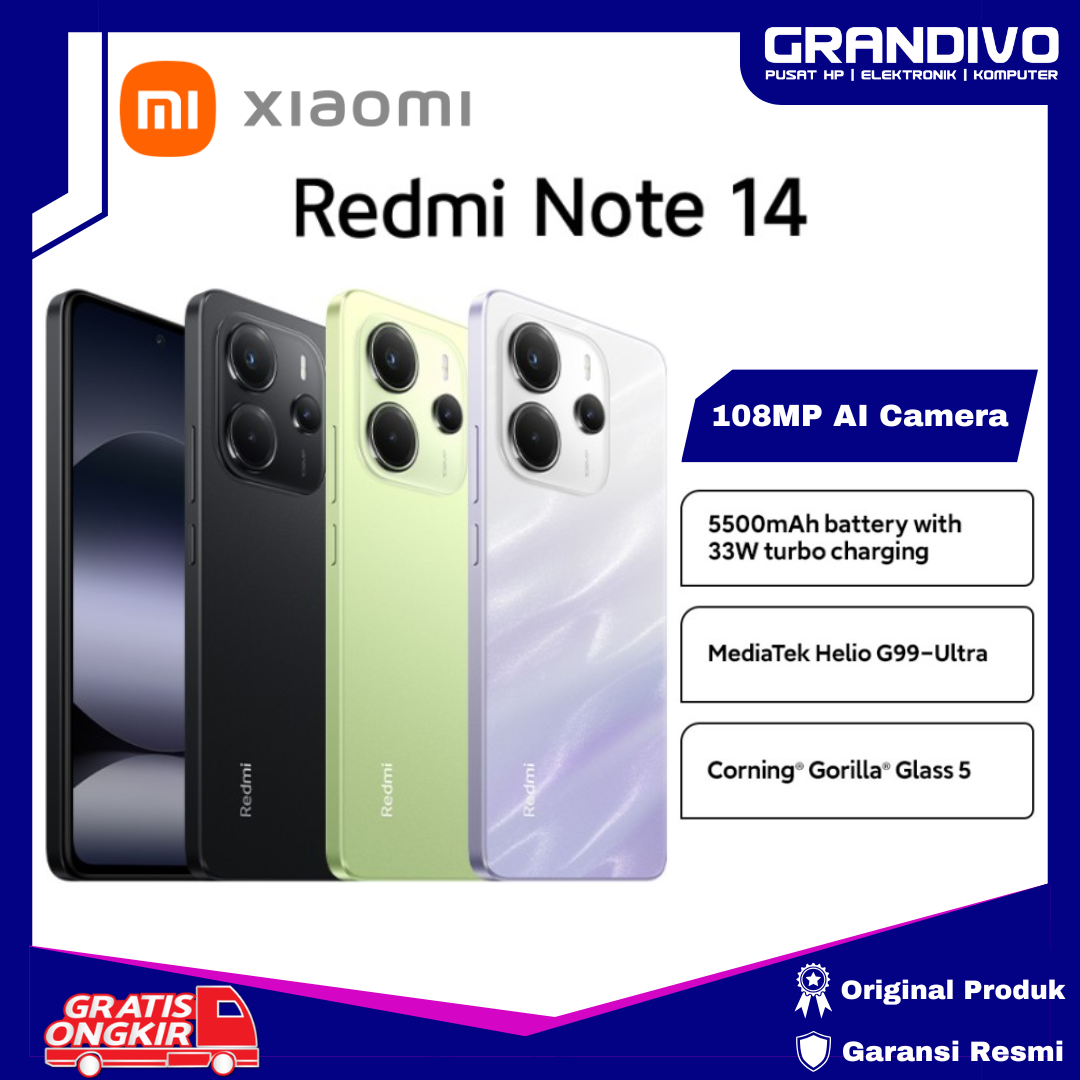 Xiaomi Redmi Note 14 | 108Mp Ai Camera | 5500Mah 33W Turbo Charging | Mediatek Helio G99 Ultra New, Official Guarantee - Grandivo Harga 2,520,000 rupiah*Gratis Ongkir