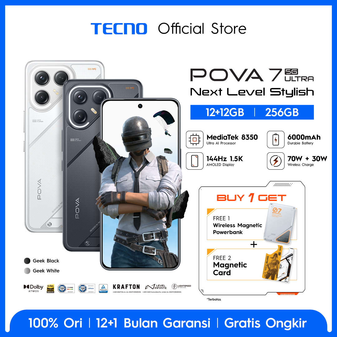 Tecno Pova 7 Ultra 5g 12+12Gb*/256Gb, 6000Mah, Mediatek D8350 Ultimate, 144Hz 1.5K Amoled Display, 108Mp + 8 Mp Ultra Wide Camera, 70W Fast Charge + 30W Wireless Charge, Android 15 - Hios 15 - Pova7Ultra Harga 5,299,000 rupiah*Gratis Ongkir