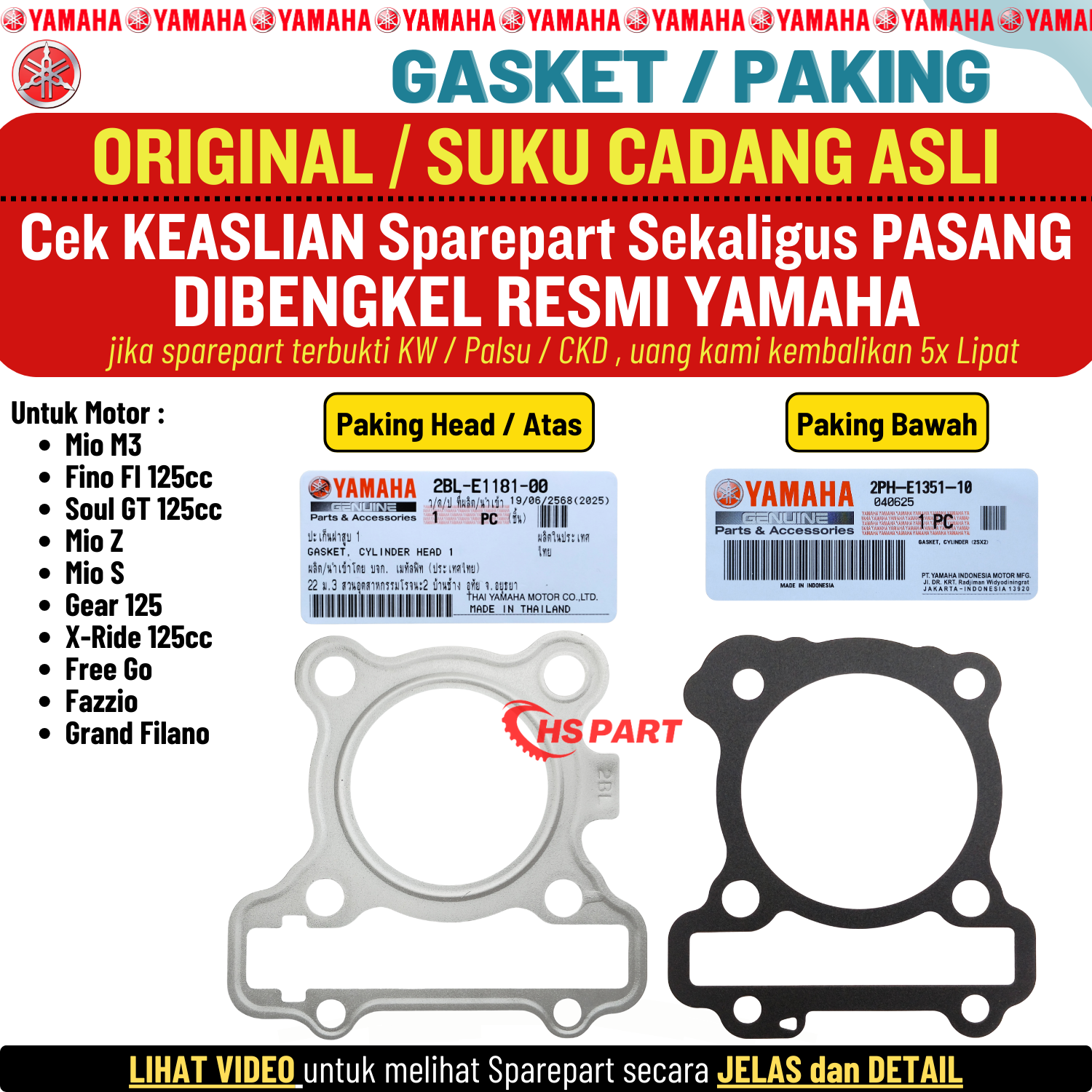 Gasket gasket topset Blok head ATAS Bawah Mio M3 s z soul GT Fino xride 125 Original Yamaha 100% Harga 45,500 rupiah*Gratis Ongkir