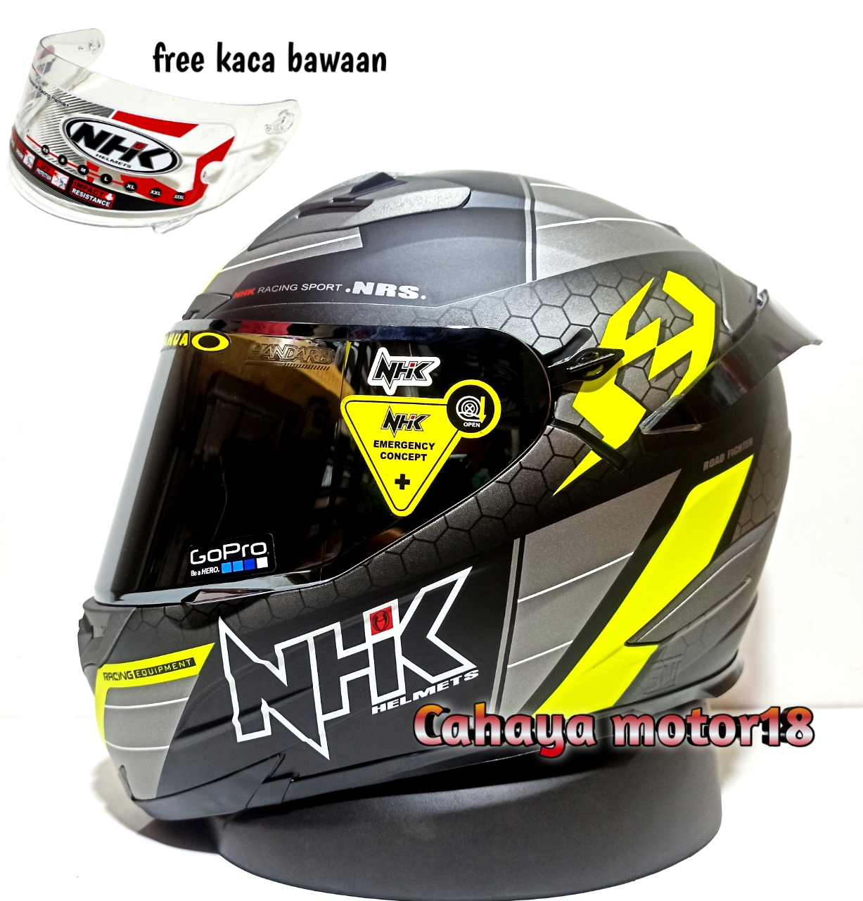 PAKET GANTENG HELM NHK RX9 MOTIF NAVY YELOW DOF FLAT VISOR IRIDIUM Harga 950,000 rupiah*Gratis Ongkir