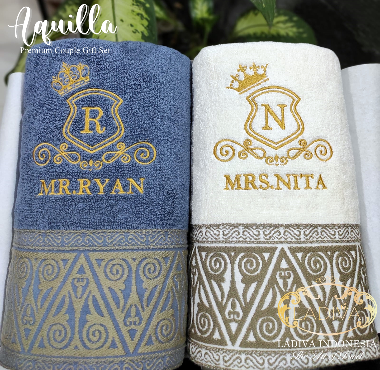 LUXURY HAMPERS hadiah box SET - COUPLE Towel AQUILLA Series with Custom Bordir + Exclusive BOX - Manta…