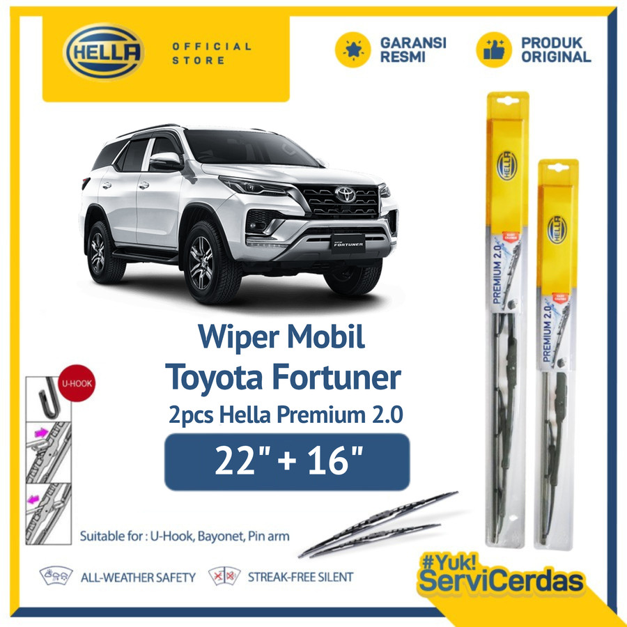 Wiper Mobil TOYOTA Fortuner 22” + 16” (2pcs) - HELLA Premium 2.0 Harga 86,112 rupiah*Gratis Ongkir