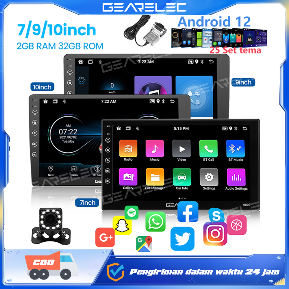 GEARELEC 7 9 10 inch Double Din Head Unit Android 13 Universal Dash Layar IPS Radio Stereo Mobil Bluetooth FM WiFi GPS USB Pemutar Multimedia with 48 Tema Harga 620,000 rupiah*Gratis Ongkir