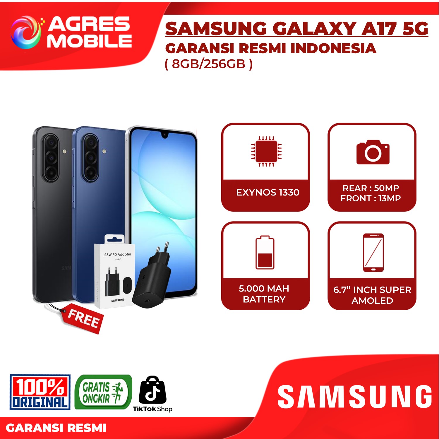 Samsung Galaxy A17 5G 8GB/256GB Garansi Resmi Samsung Indonesia Giá 3,519,000 Đồng*Miễn phí vận chuyển