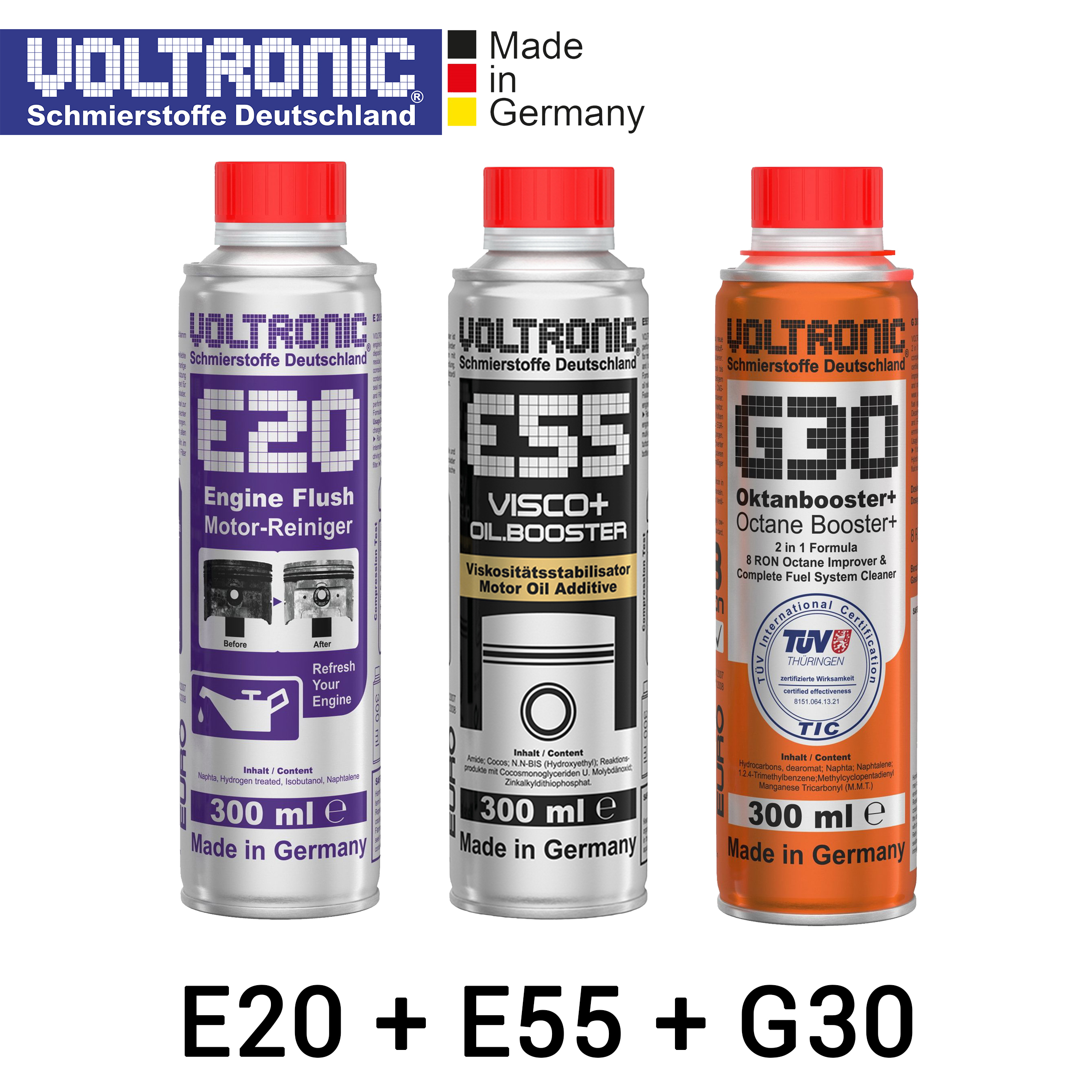 VOLTRONIC E20 + E55 + G30 Bundling Set; Engine Flush, Engine Cleaner, Carbon Clean, Karbon Cleaner; Additive Oli Oil Mobil Motor, Engine Conditioner; Octane Booster+ (2 in 1) 8 RON & Complete Fuel System Cleaner - Cairan Penambah Oktan Bensin; Harga 943,000 rupiah*Gratis Ongkir
