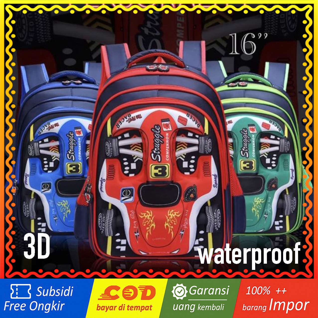 Wwh05 bag children primary school backpack 3D embossed size 16 "large racing car racing car import TKM Harga  106,000 rupiah*Gratis Ongkir