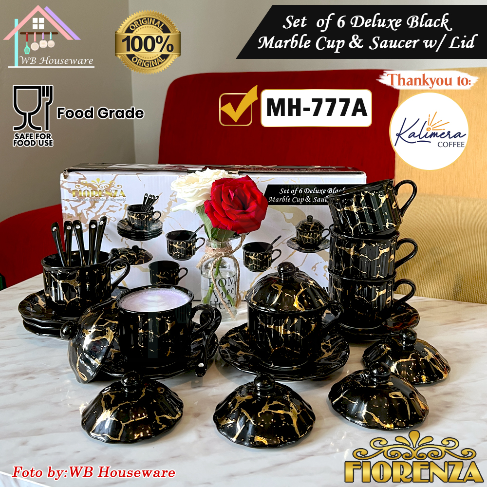 FIORENZA 6 pasang cangkir set + sendok + tutup series duluxe Black marble 220ml / tea set coffee cup a…