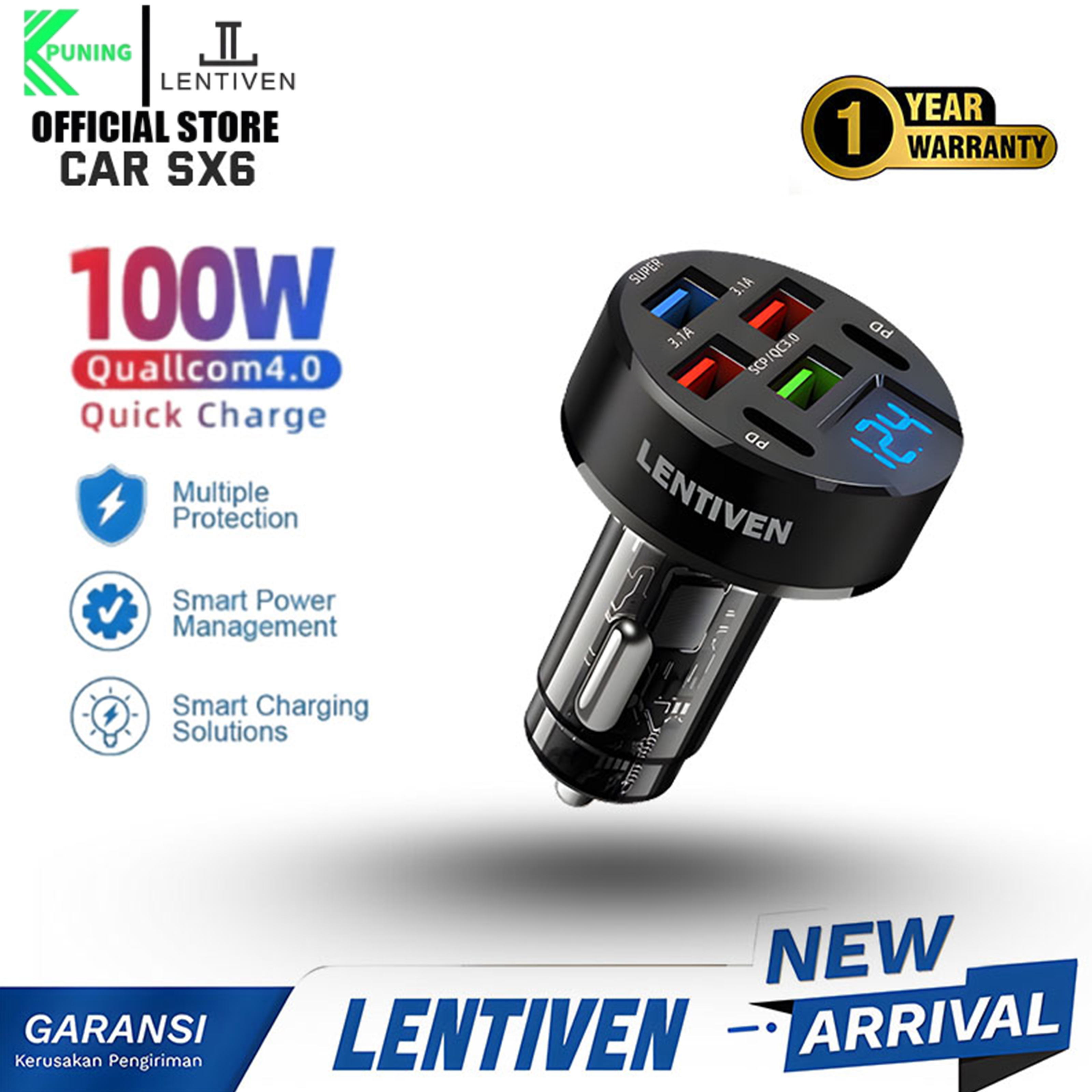 PUNING LENTIVEN Car Charger Colokan Mobil 4 Ports PD 120W USB Type C & Lightning Fast Charging Qualcomm 3.0 CAR K6 GARANSI 1 TAHUN Harga 89,000 rupiah*Gratis Ongkir