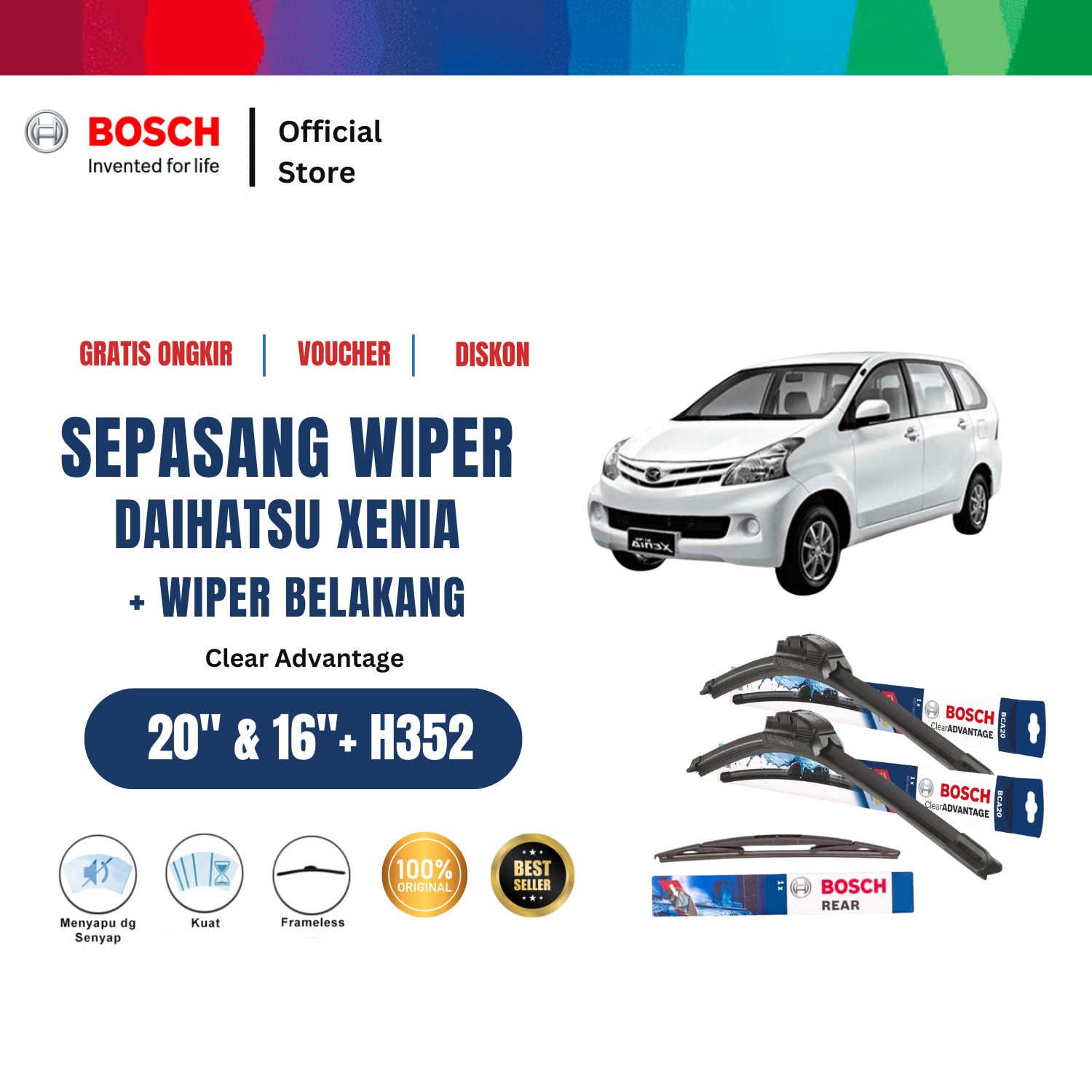 Bosch Wiper Depan dan Belakang Frameless New Clear Advantage Mobil Daihatsu Xenia 20 dan 16 inchi dan H352 Harga 288,065 rupiah*Gratis Ongkir