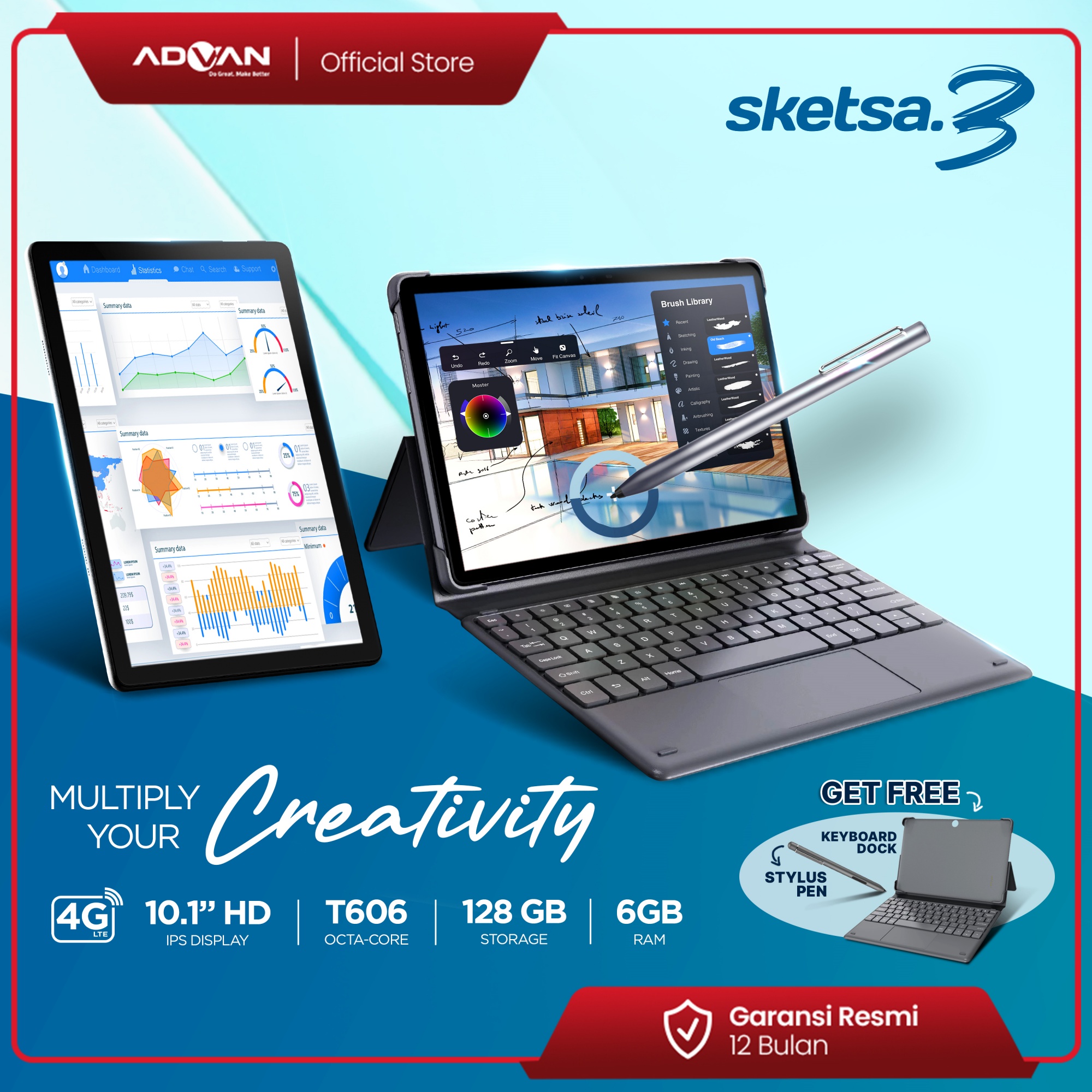 Advan Tab Sketch 3 Screen 10.1” Hd Ips 6Gb/8Gb +128Gb Tiger T606 Android 13 Dual Sim Card Free Keyboard & Stylus Pen Harga  2,399,000 Ringgit*Penghantaran Percuma