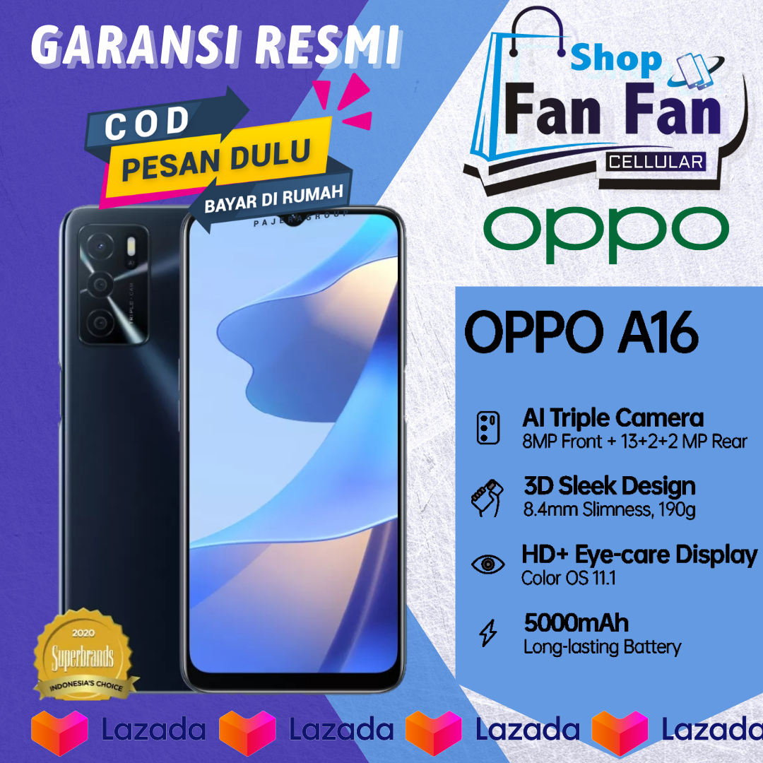 OPPO A16 3/32GB  Dan 4/64GB   Garansi Resmi OPPO Indonesia 4230mAh Battery - AI Face Unlock