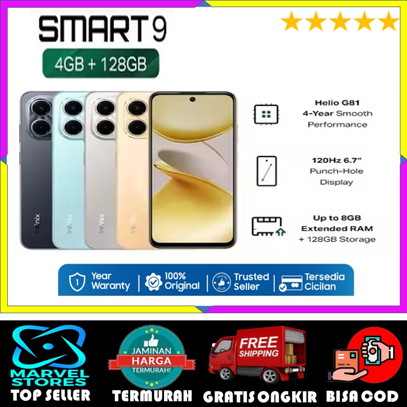 Infinix smart 9-elegant design smartphone, display 120Hz, 6.7 inch, 4GB + 128GB, heliog81-5000mAh, large battery Harga 1,050,000 rupiah*Gratis Ongkir