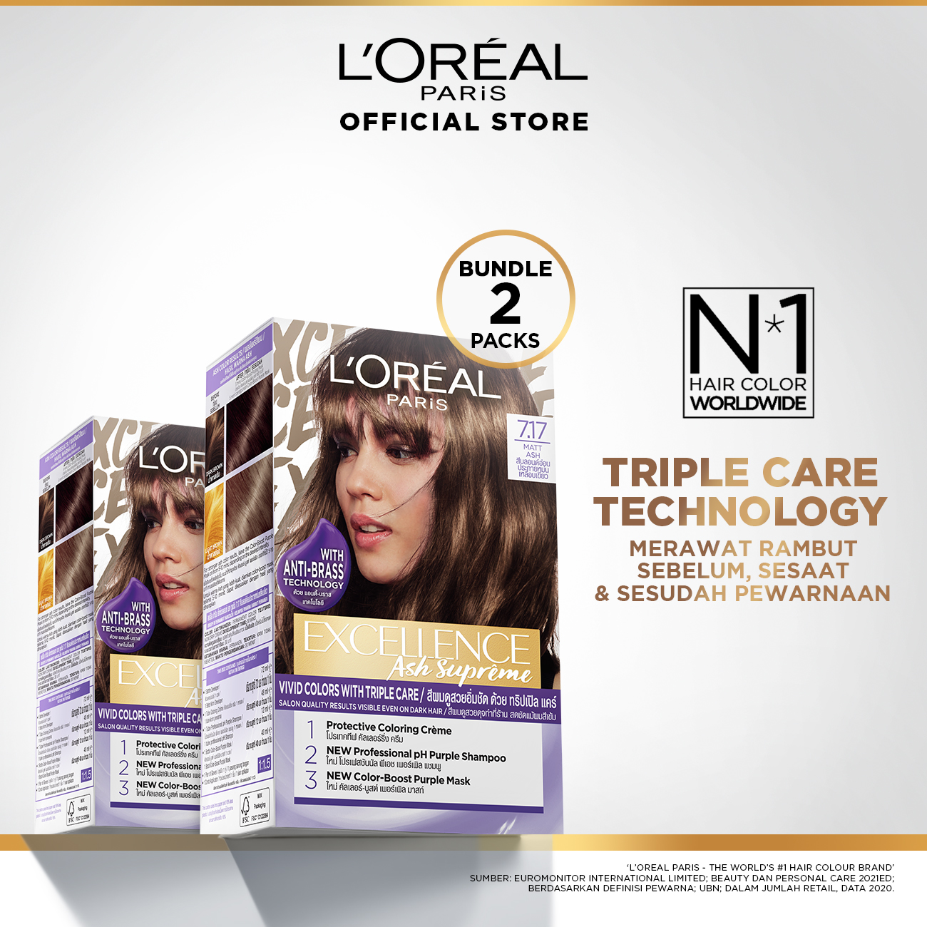 L'Oreal Paris Excellence Ash Supreme #7.17 Matt Ash Hair Color Twinpack (Cat Rambut L'Oreal) Harga 248,300 rupiah*Gratis Ongkir