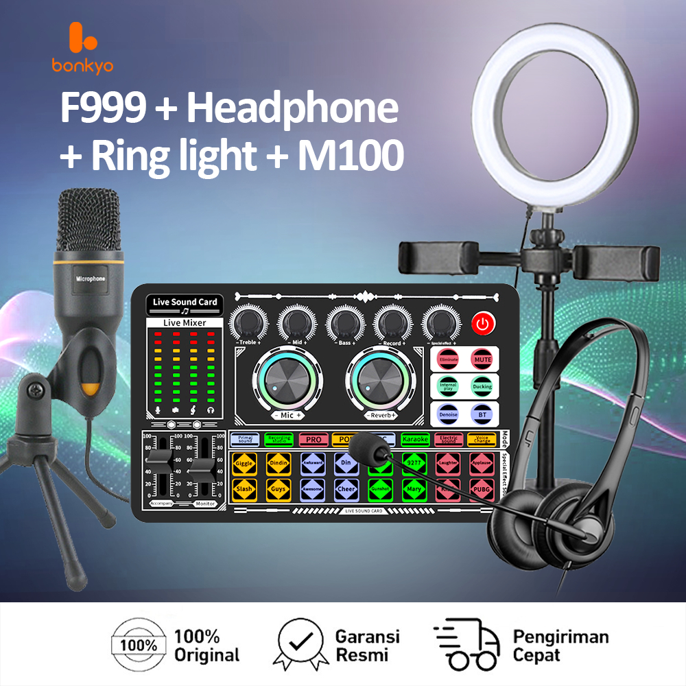 Bonkyo Sound Card F999 + M100 + Headphones + Lights Complete Set of Live Broadcast Equipment Sound Card Microphone Headphone Light Set Live Soundcard Bluetooth Live Audio Mixer for Live Karaoke Broadcast Harga 339,900 rupiah*Gratis Ongkir