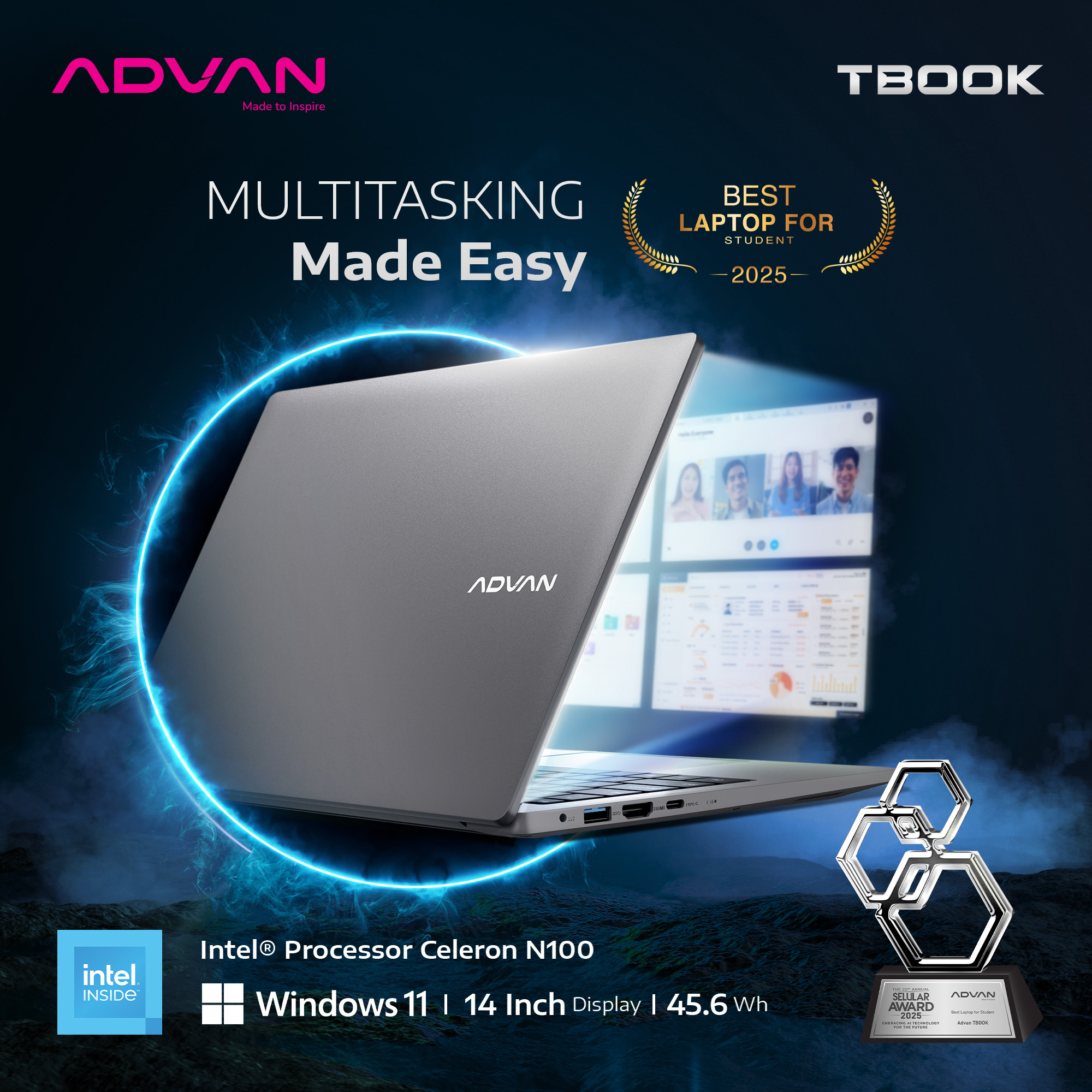 Advan Laptop Celeron Tbook X Transformer |   Tbook Celeron N100 Intel N100 4Gb/128Gb 14" Hd Free Windows 11 - Merek Advan Harga 3,199,000 rupiah*Gratis Ongkir