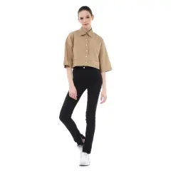 Hamlin Brielle Atasan Wanita Kemeja Crop Oversize Shirt Lengan Panjang Material Linen ORIGINAL - Mocca