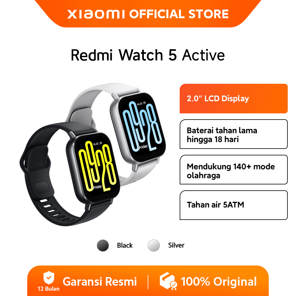Xiaomi Redmi Watch 5 Active |  2.0" LCD Display | Mendukung 140+ mode olahraga | Tahan air 5ATM | Baterai tahan hingga 18 hari | Jam  tangan pintar [Official Store] - Merek Xiaomi Harga 469,000 rupiah*Gratis Ongkir