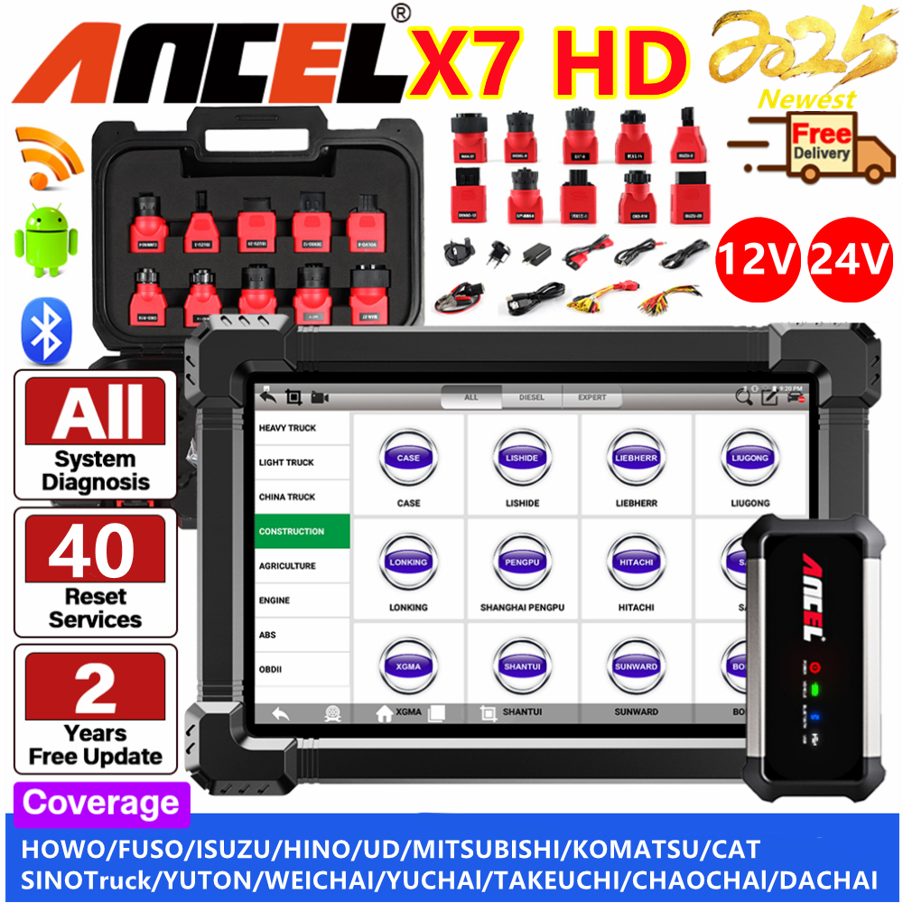 Ancel X7 HD 12V 24V Heavy Duty Truck Scanner Diesel Common Rail Idle Ajustment Tool Ecu Coding Replace and Active Unit Obd2 Scanner Car Diagnostic Tool Ecu Reset Wifi Bluetooth Scanner Check Engine Code Reader Scan Tool Oil Reset For howo/fuso/isuzu/Hino Harga 9,710,000 rupiah*Gratis Ongkir