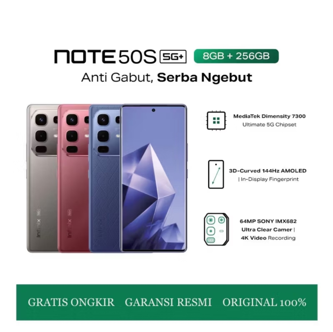 Infinix Note 50s 5G+ NFC (8/256GB) Extended RAM upto 16GB - Dimensity 7300 Ultimate - 6.78” 3D Curved FHD+ Amoled - SONY IMX682 - 64MP OIS - Battery 5200mAh FlashCharge 45W Garansi Resmi 1 Tahun Giá 3,143,000 Đồng*Miễn phí vận chuyển