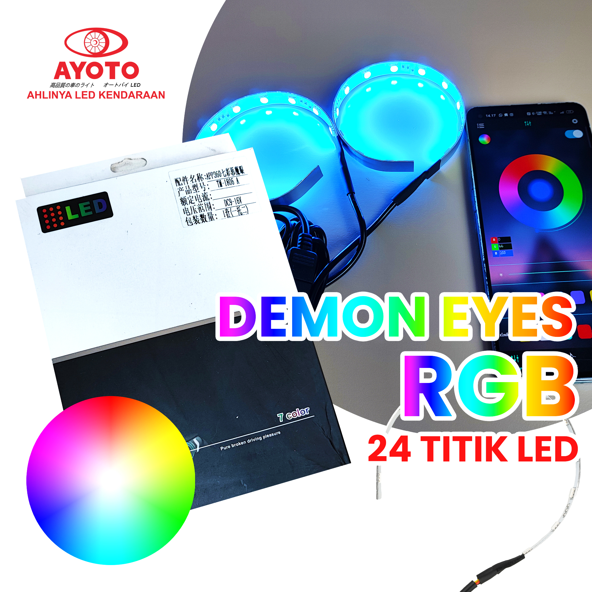 PROJIE BILED DEMON EYES/DEVIL EYES 360 PREMIUM RGB & 1 WARNA Harga 44,900 rupiah*Gratis Ongkir