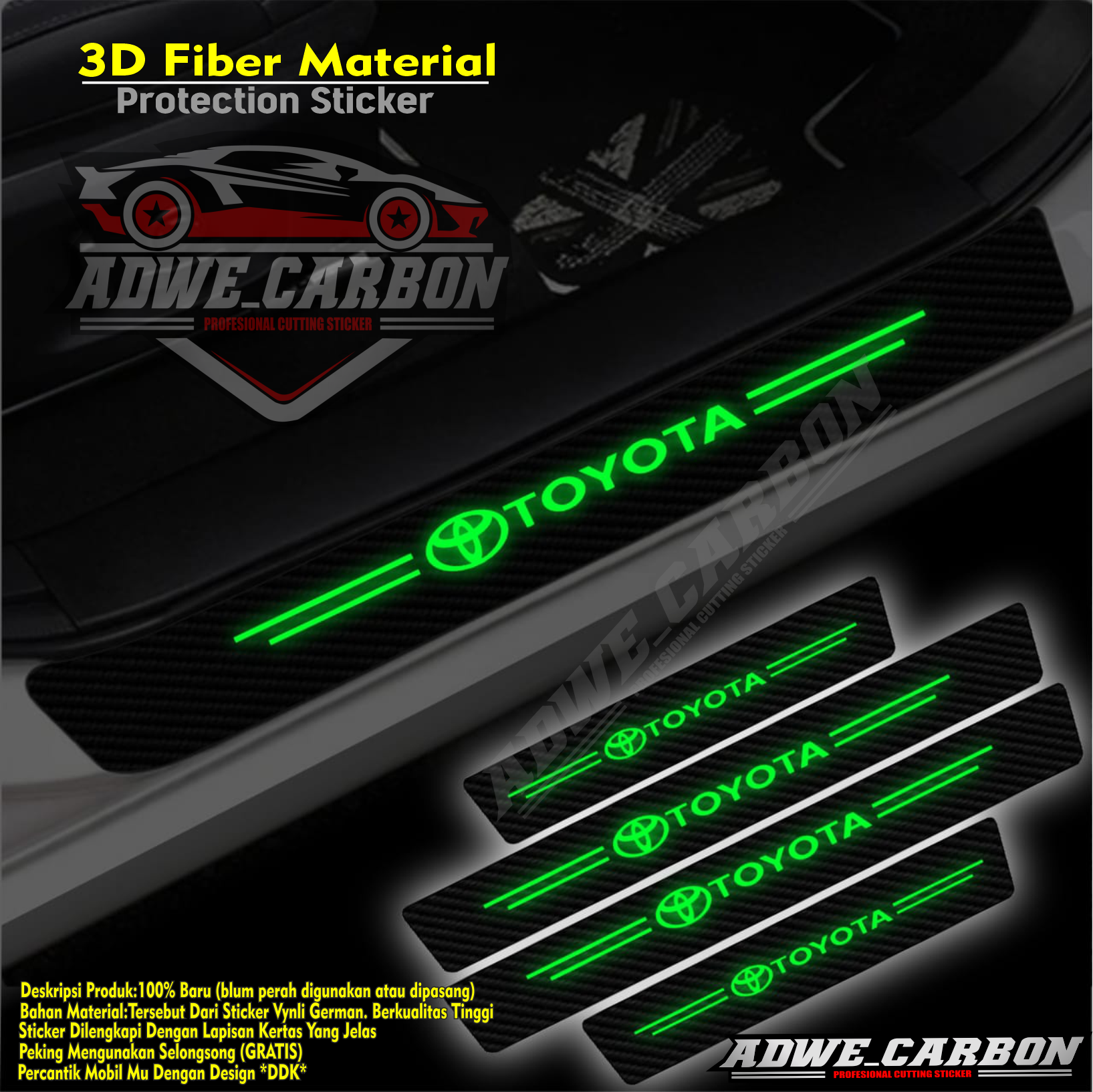 Luminous strip protective shell carbon fiber glow in the dark for Toyota Honda Mitsubishi Nissan anti-scratch protection sticker Harga 33,000 rupiah*Gratis Ongkir