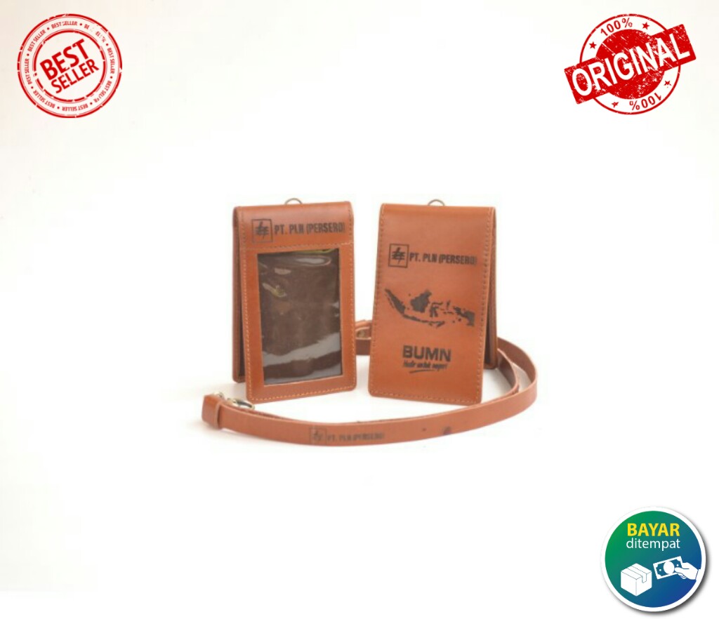 Name Tag Gantung ID Card Holder 100% Kulit Logo PLN Warna Coklat - ID Card Bonus Tali Kulit - Name Tag…