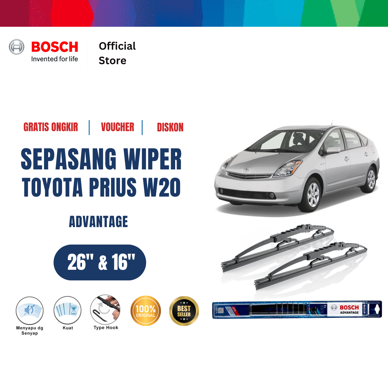 Bosch Sepasang Wiper Kaca Mobil Toyota Prius W20 2003-2009 Advantage 26" & 16" - 2 Buah/Set - Hitam Giá 157,420 Đồng*Miễn phí vận chuyển