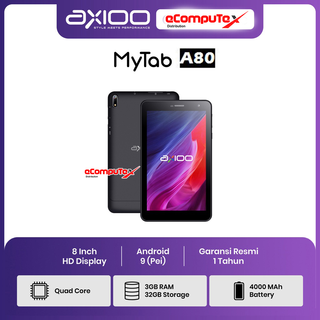 handphone Axioo MyTab A80 Quad core 3GB 32GB 8 Inch Android 9.0 Resmi Harga 2,245,500 rupiah*Gratis Ongkir