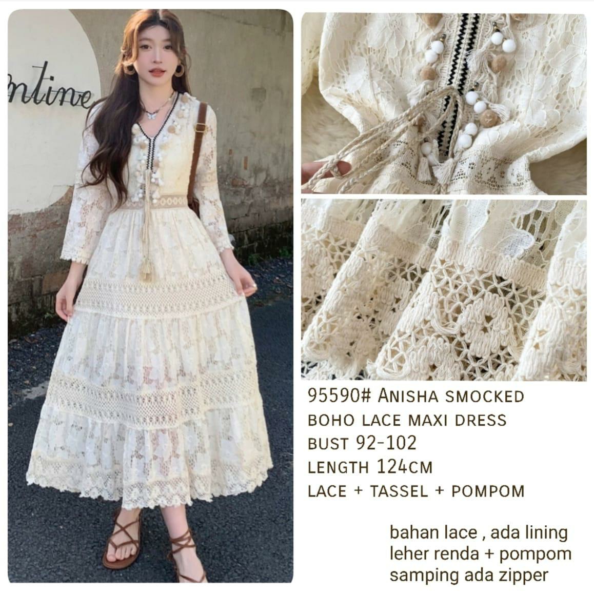 SD- 95590 Anisha Smocked Boho Lacce maxi Dress Import / Dress Wanita / Dress Cewek Terbaru / Dress Murah Import Harga 207,000 rupiah*Gratis Ongkir
