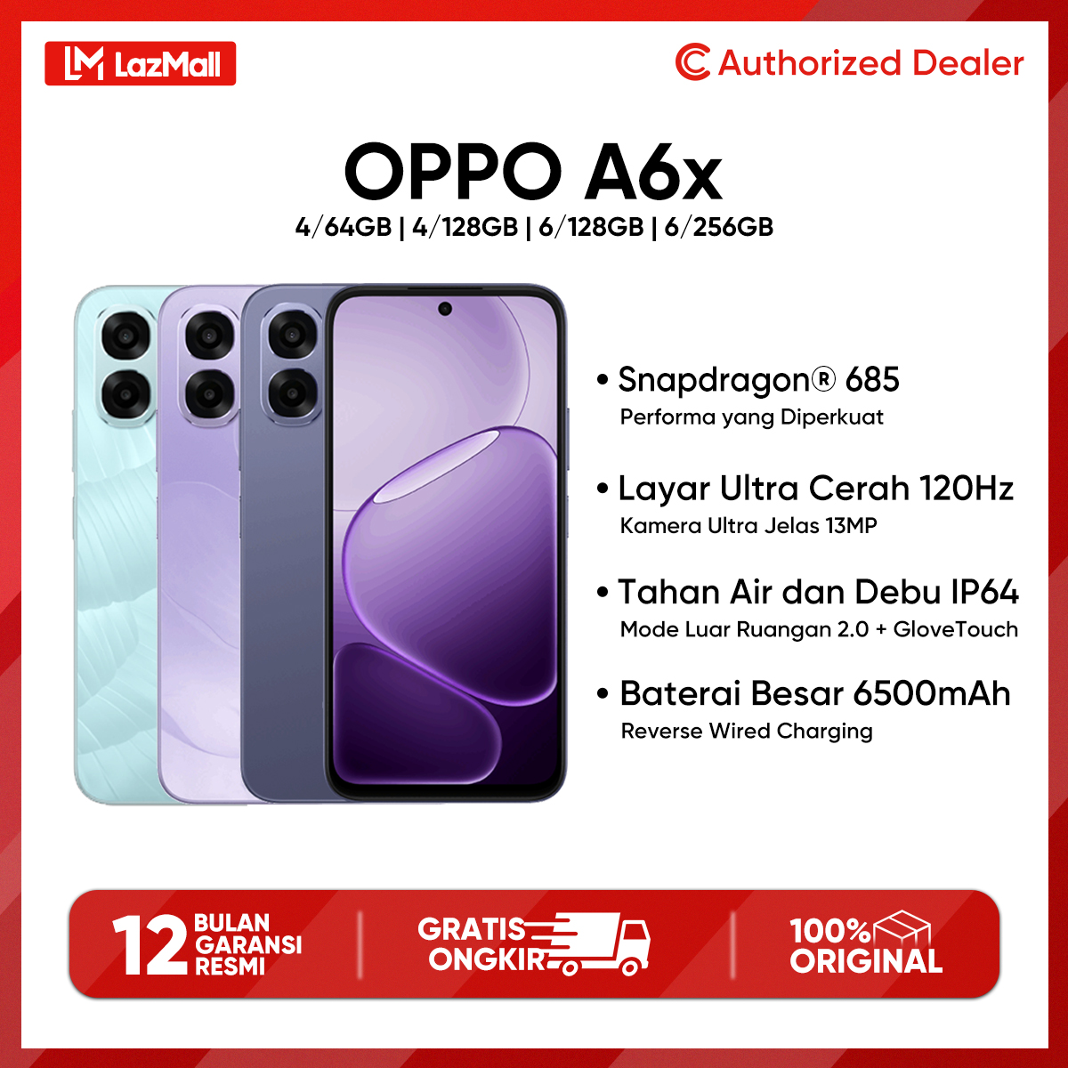 Oppo A6X 4/64Gb 4/128Gb 6500Mah Battery Ultra Bright Screen 120Hz Official Guarantee Oppo Indonesia Harga 1,599,000 rupiah*Gratis Ongkir