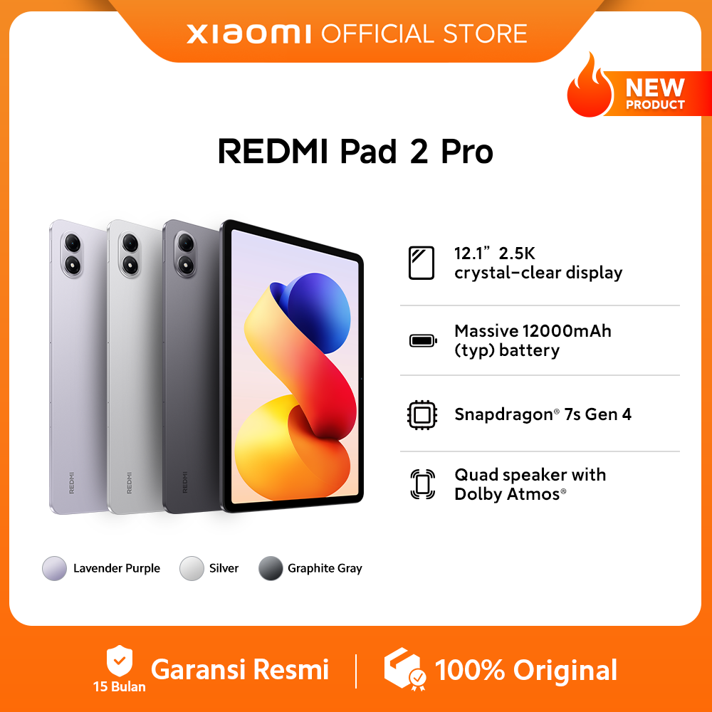 Redmi Pad 2 Pro | 12.1-Inch 2.5K Crystal-Clear Display | Massive 12000Mah (Typ) Battery | Snapdragon 7S Gen 4 | Quad Speakers with Dolby Atmos ® [Official Store] Harga  4,498,000 rupiah*Gratis Ongkir
