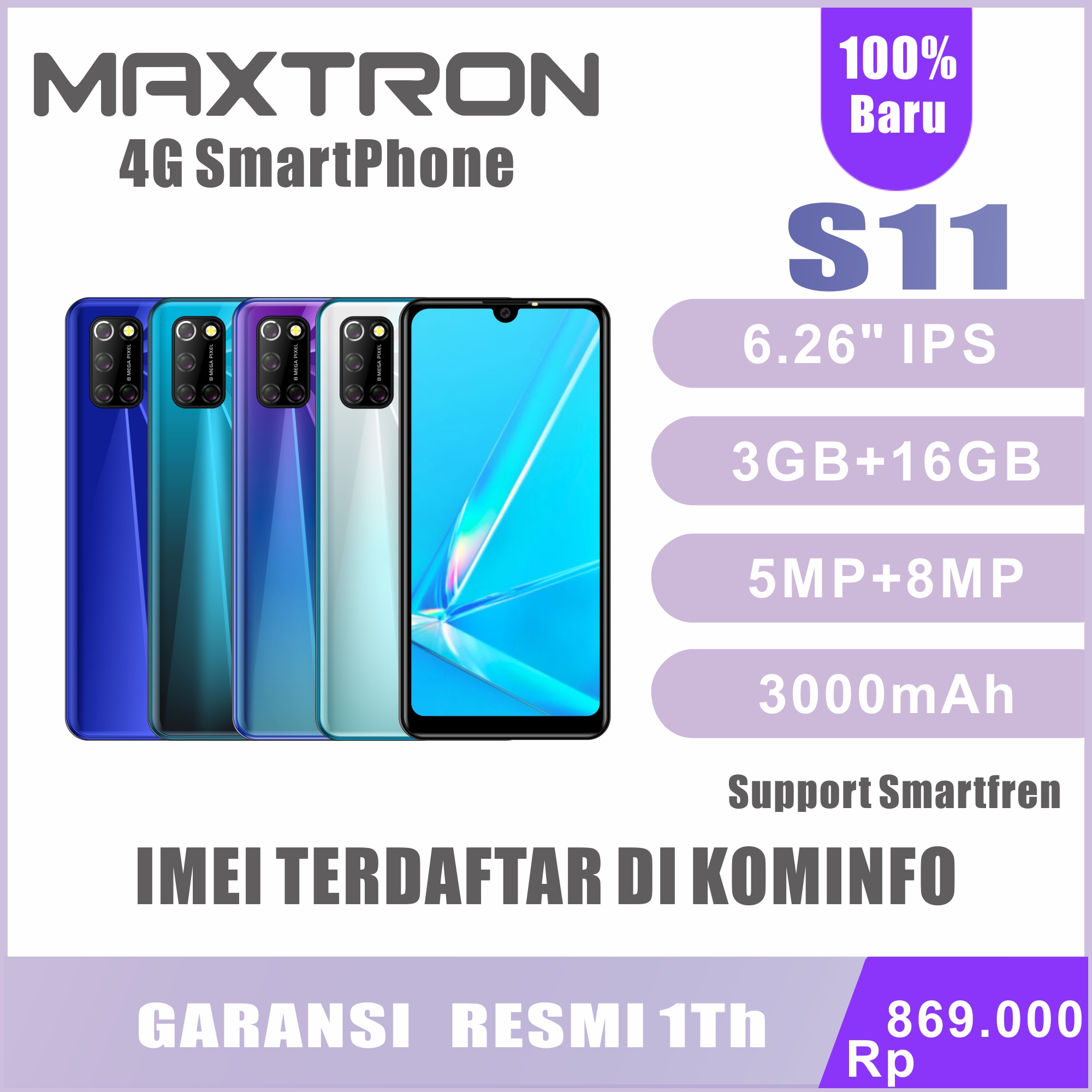 Maxtron S11 RAM 3GB/16GB 4G Smart Phone Android Garansi Resmi 1 Tahun