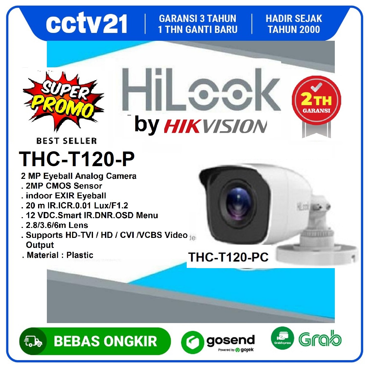 Kamera - CCTV - Outdoor HILOOK (by Hikvision) 2MP THC-B120-PC Garansi Resmi Hilook 2Th Harga Promo cctv21 Harga 182,000 rupiah*Gratis Ongkir