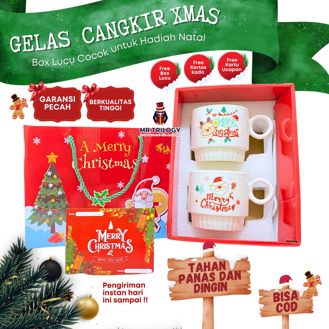 Christmas hadiah Hampers Christmas Glasses Xmas Cups Ceramic Set of 2 Premium Christmas hadiah Souveni…