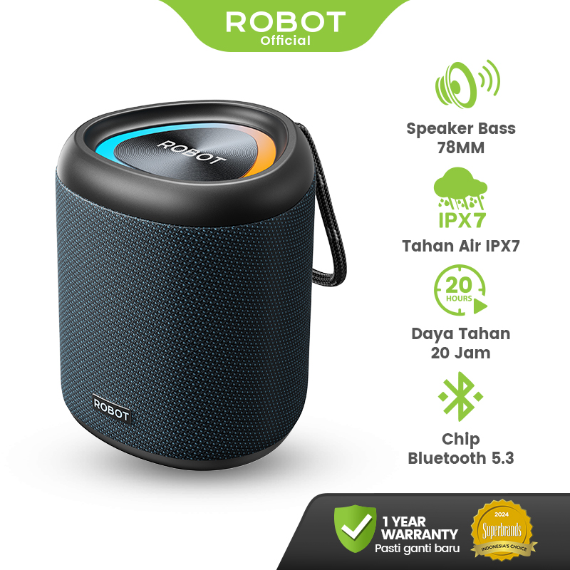ROBOT Speaker Bluetooth Portabel Super Bass Waterproof IPX7 With RGB Light Long Play time 20 Jam 5.3 15W Super Bass 78mm RB120S Original - Garansi 1 Tahun Harga 93,999 rupiah*Gratis Ongkir