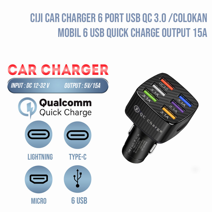 CIJI Car Charger 6 Port USB QC 3.0 /Colokan Mobil 6 USB Quick Charge Harga 46,844 rupiah*Gratis Ongkir