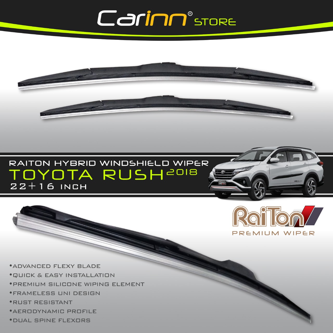 Raiton Sepasang Wiper Hybrid Kaca Depan Mobil Toyota Rush New 2018-ON 22" & 16" -2 Buah/Set Harga 145,000 rupiah*Gratis Ongkir