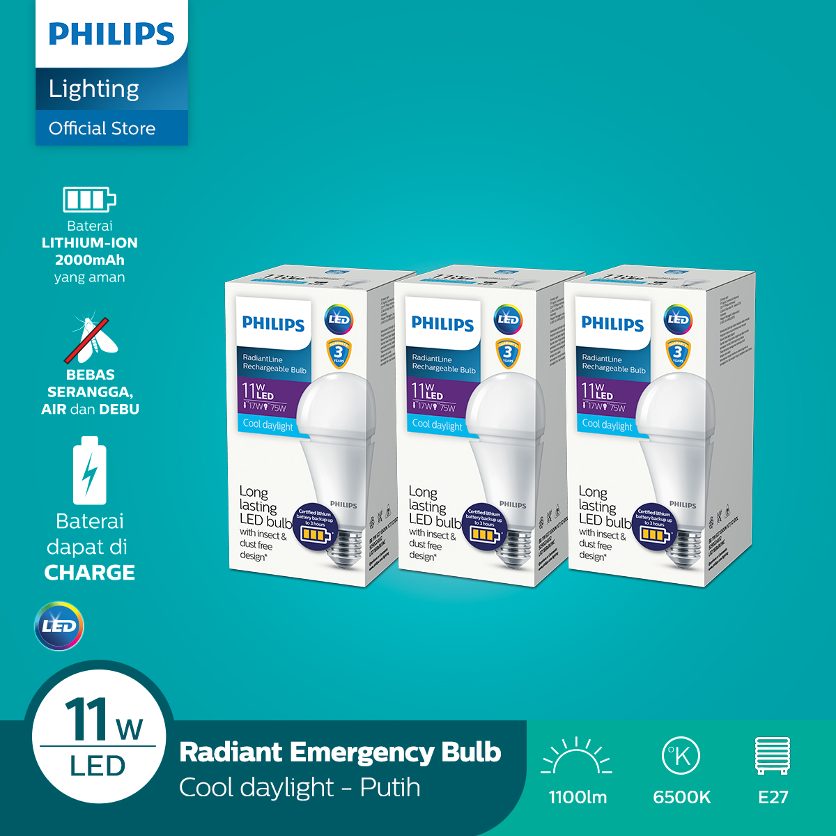 Harga lampu hias	 Paket 3Pcs Philips Rechargeable Radiantline Ledbulb 11W 6500K Putih 	