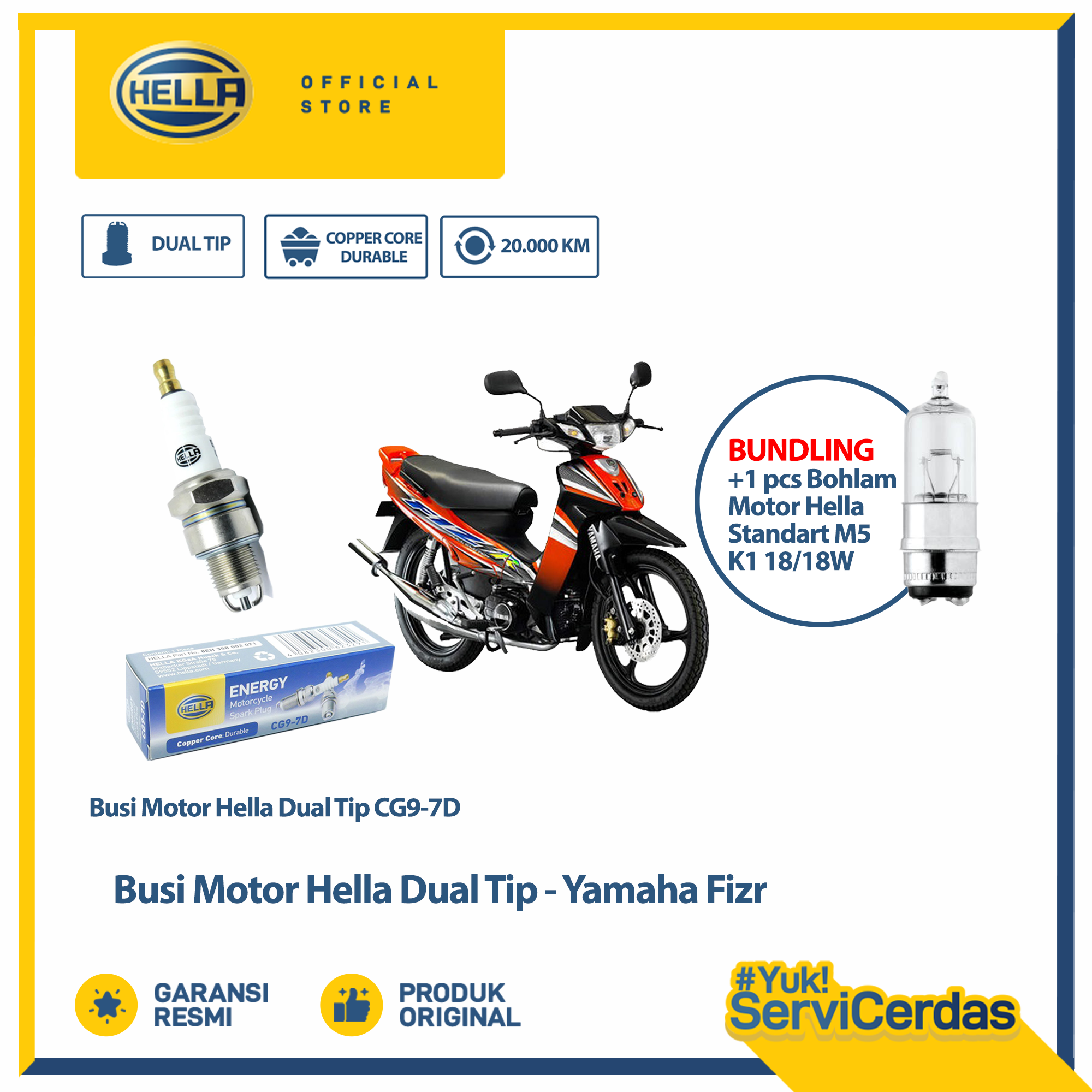 Busi Motor Yamaha FIZR Hella Dual Tip CG9-7D Bundling Bohlam Motor M5 12V 18/18W Standar - Lampu Motor Harga 37,000 Ringgit*Penghantaran Percuma
