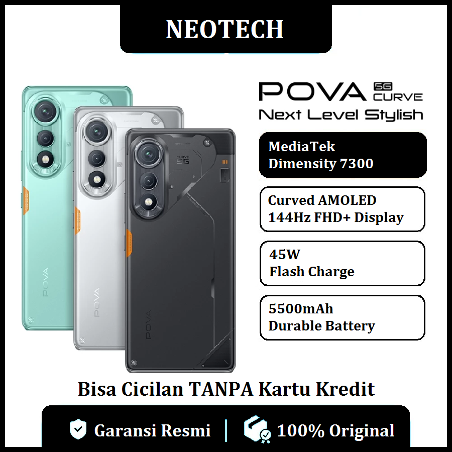 TECNO POVA Curve 5G (8GB/256GB) 5500mmAh + Bypass Charging 2.0, Mediatek D7300 Ultimate, 144Hz FHD+ AMOLED Curved Display - Bisa Cicilan Tanpa Kartu Kredit - Garansi Resmi 1 Tahun - HP Murah ( Kredivo, Laz Pay Later, Bisa COD, OVO, Original ) Harga  3,075,000 Ringgit*Penghantaran Percuma