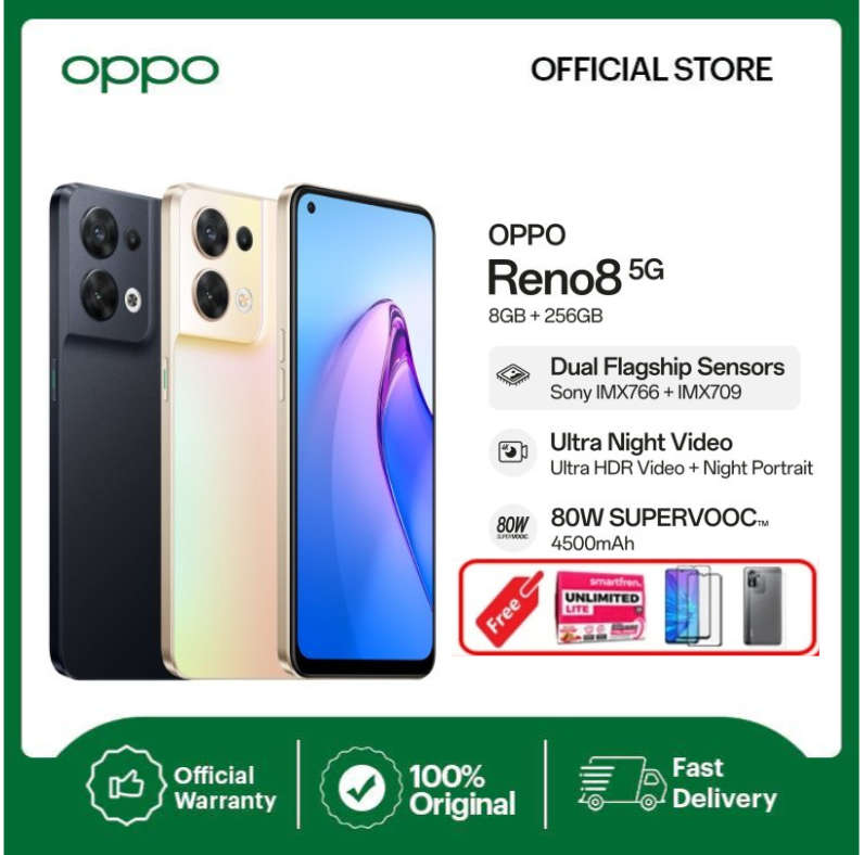 OPPO RENO 8 5G 8/256GB (8+5GB EXTENDED RAM) GARANSI - 8/256GB Gold Harga  2,985,000 Ringgit*Penghantaran Percuma