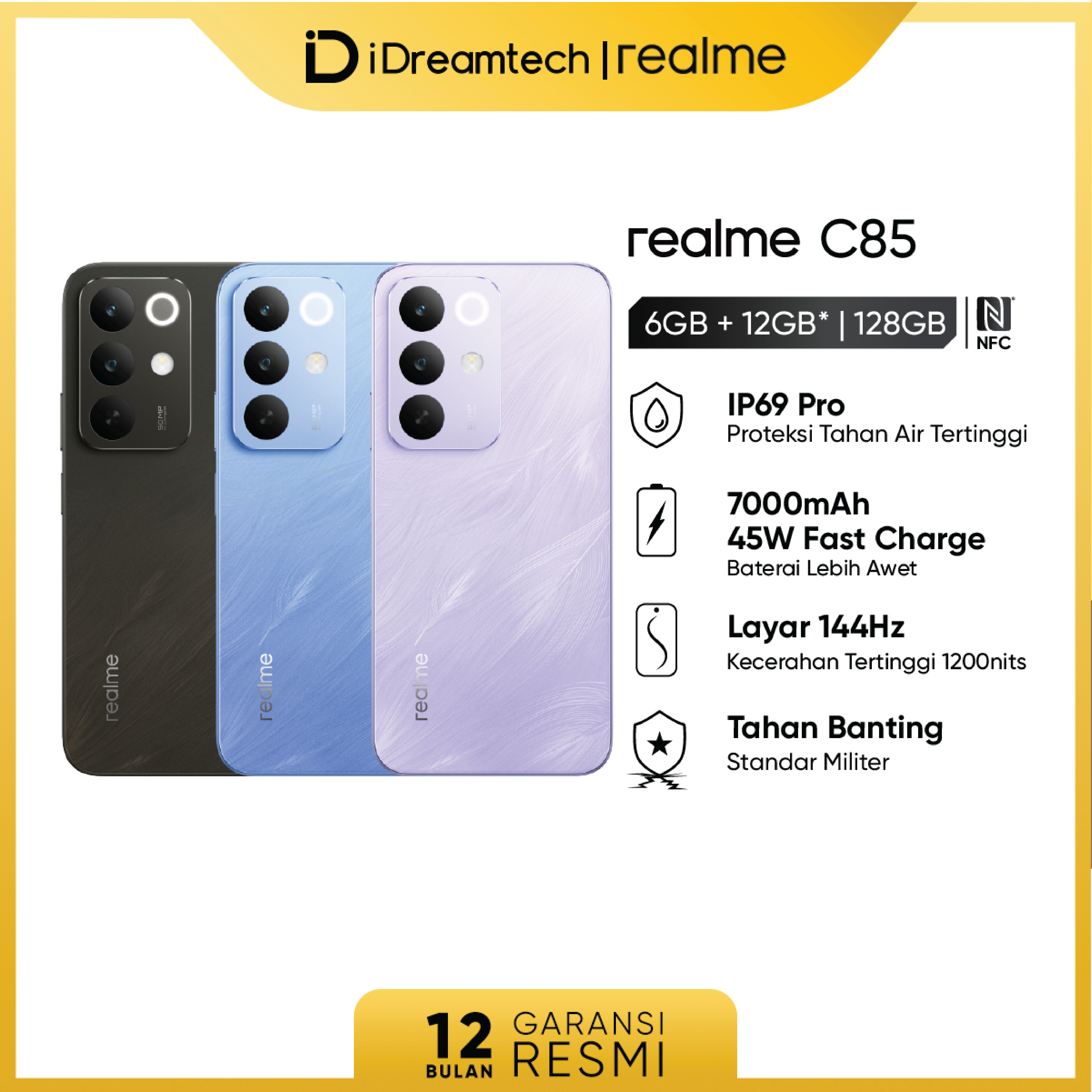 Realme C85 6Gb+128Gb | Nfc | 7000Mah Battery | 50m Ai Camera | | Ip69 Waterproof | 50m Ai Camera Harga  2,599,000 Ringgit*Penghantaran Percuma