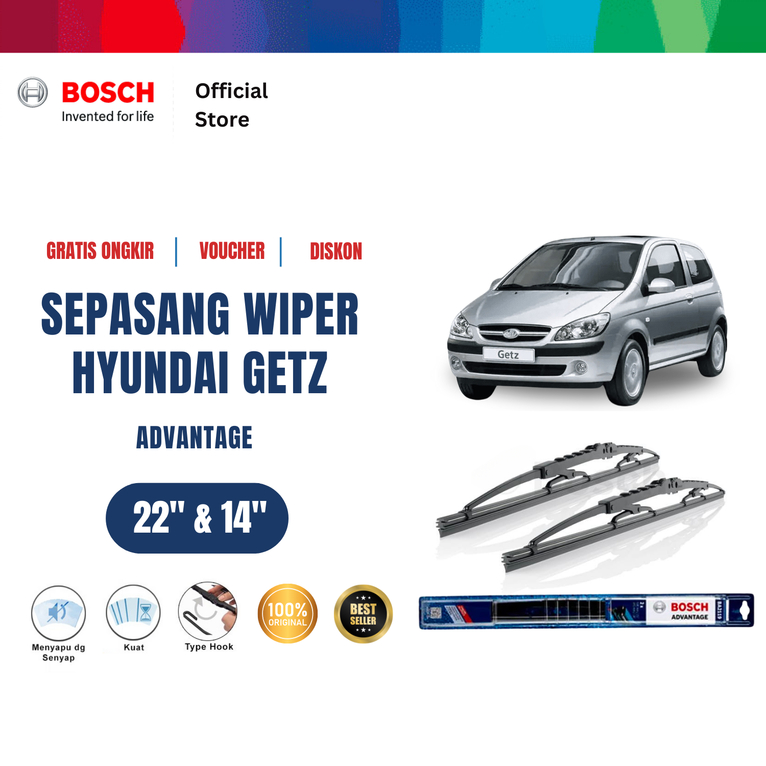 Bosch Sepasang Wiper Kaca Mobil Hyundai Getz 2003-on Advantage 22 dan 14 inchi Giá 134,130 Đồng*Miễn phí vận chuyển