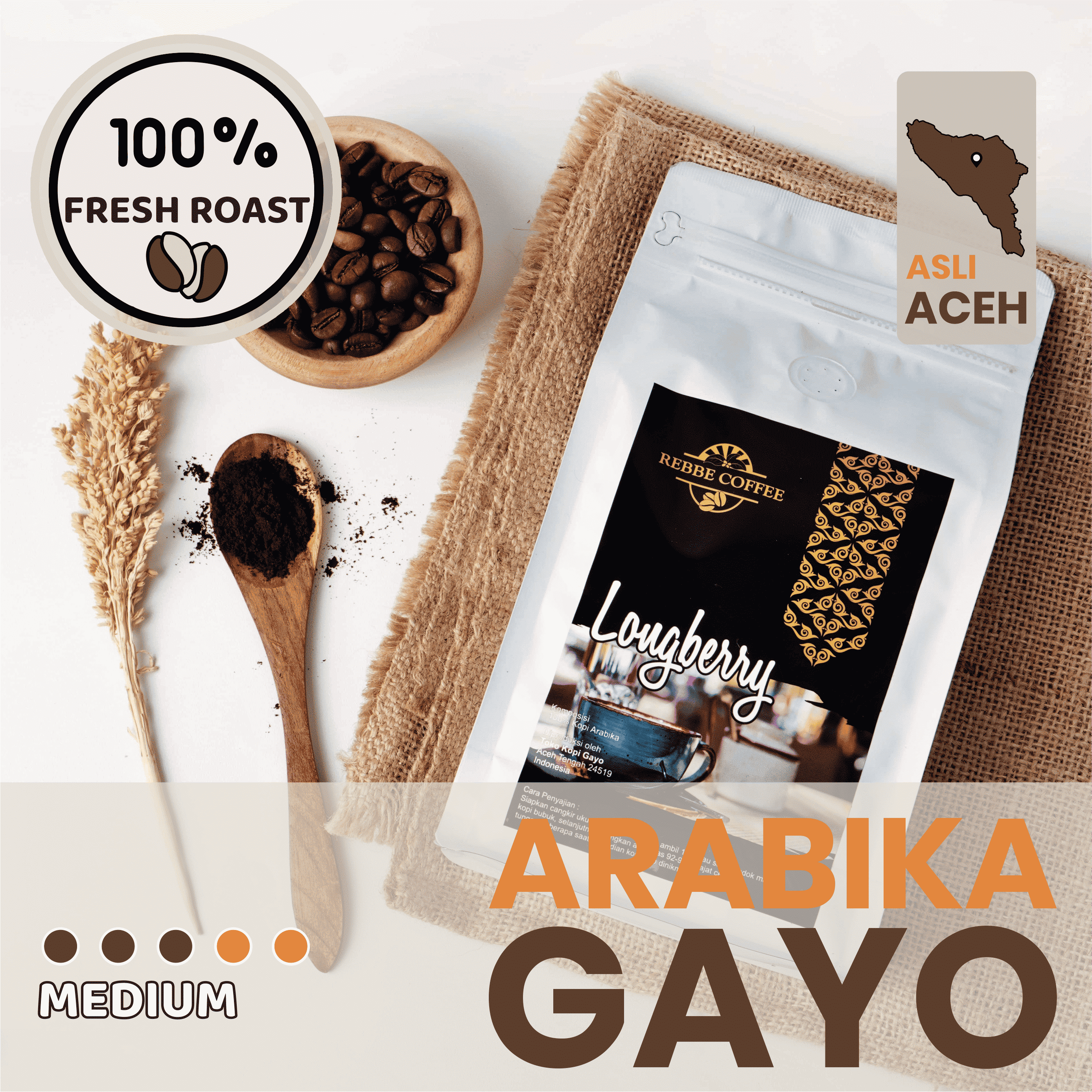 Kopi Arabika Longberry Gayo Aceh – Medium Roast Premium, Biji Panjang Unik & Aromatik 200g