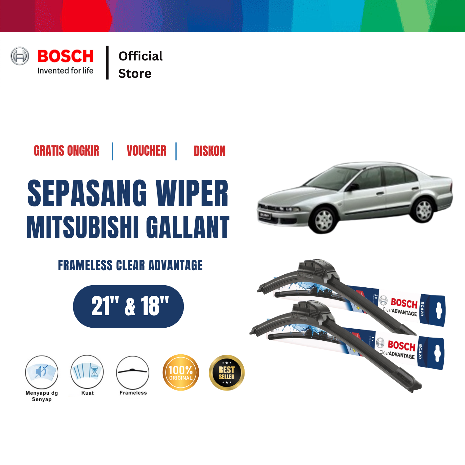Bosch Sepasang Wiper Mobil Mitsubishi Gallant EA Frameless New Clear Advantage 21" & 18" - 2 Buah/Set Harga 203,575 rupiah*Gratis Ongkir