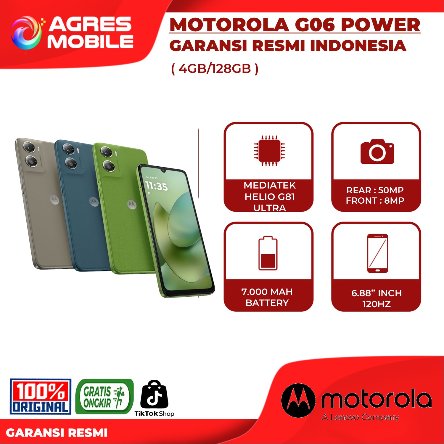 Motorola G06 power 4GB + 128GB official warranty Motorola Indonesia Harga 1,539,000 rupiah*Gratis Ongkir