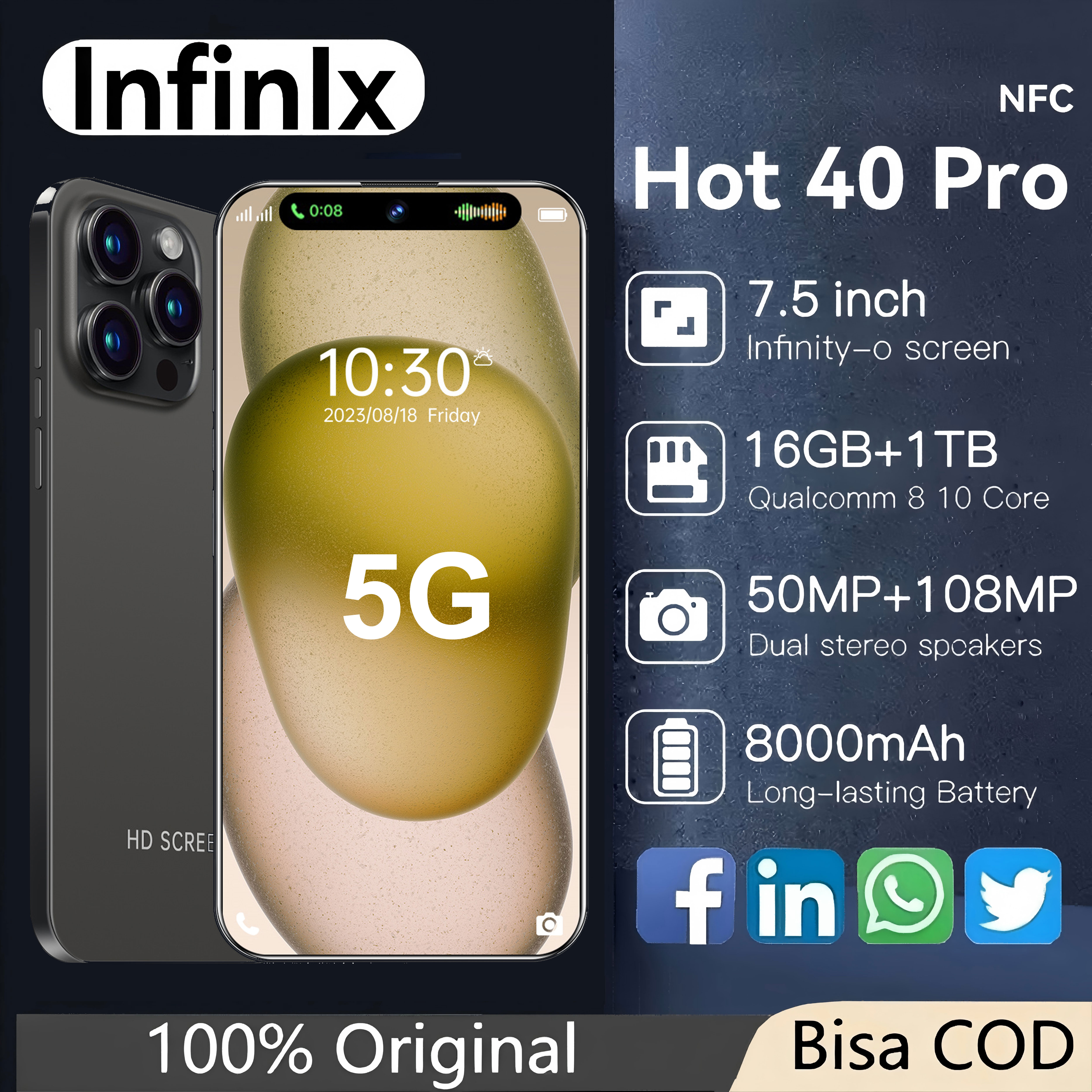 【Can Cod】New Hp Infnix Hot40 Pro 5g Nfc Cellphone 7.5 Inch Hd 5G/4G Wifi 120Hz Hot 50 Pro Smartphone Product Promotion Ram 16Gb Rom 512Gb 8000Mah Android Phone Hd Camera Dual Sim Warehouse Clearance Cellphone Can Cod Harga  949,000 Ringgit*Penghantaran Percuma